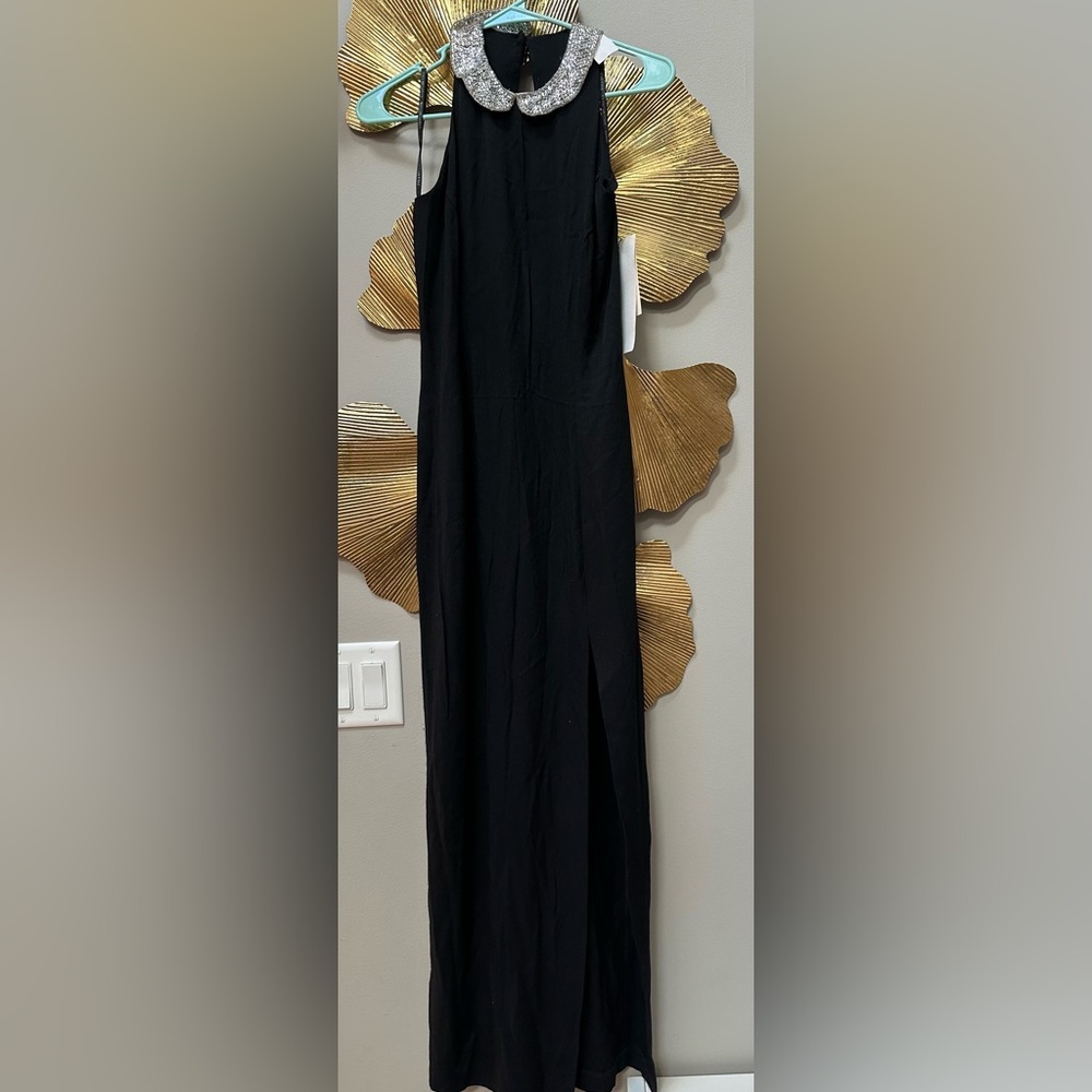 Vintage Jessica McClintock Gunne Sax Halter Dress 7/8 Silver Sequin Collar Slit